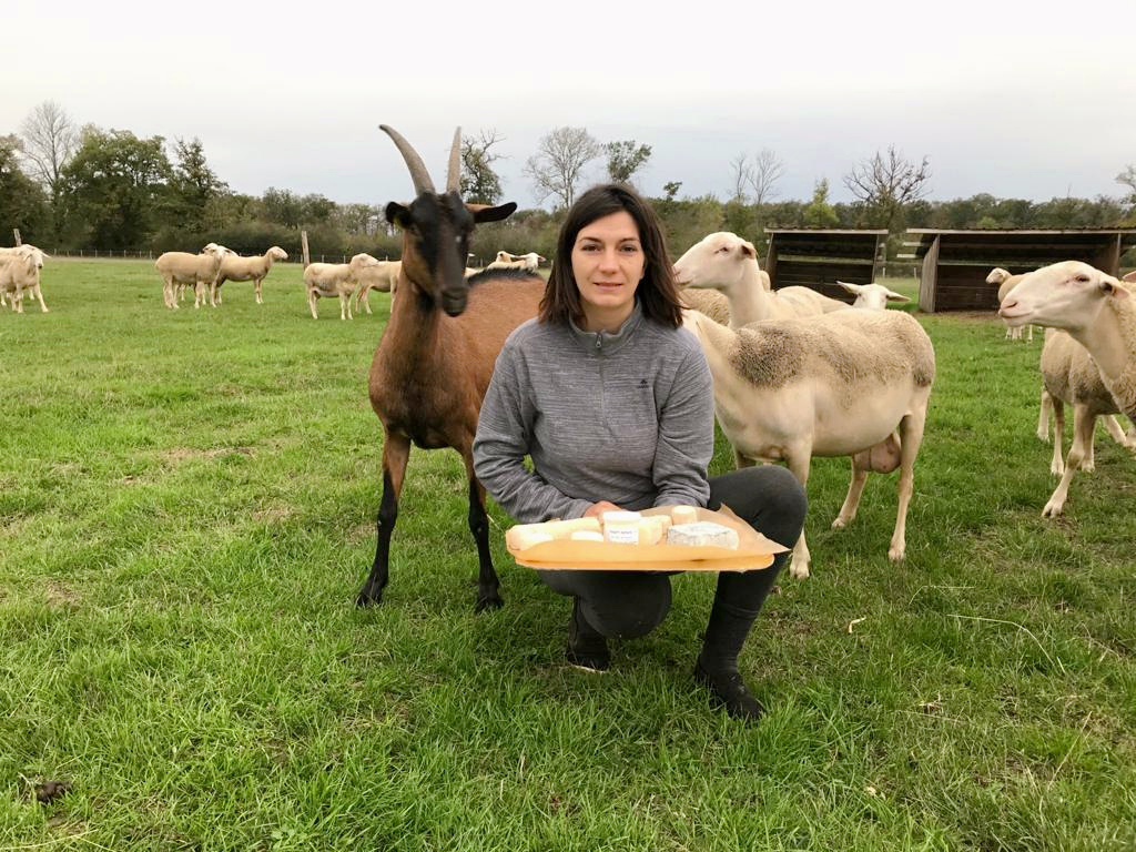 Pauline Dupeyrat accroupie dans un pré au milieu de ses chèvres et brebis avec un plateau de fromage à la main